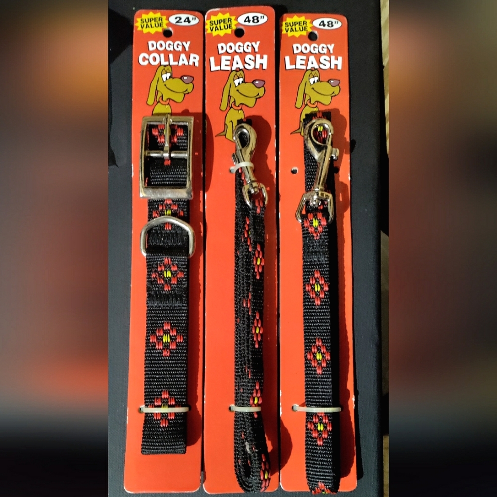 NEW 3-PC Doggie Collar 24", Leashes 48" & 48" Matching Set! Nice Design. Durable